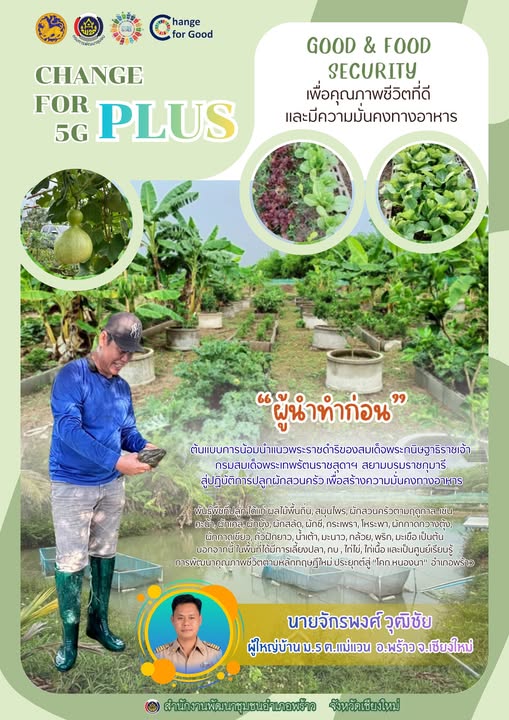 พช.พร้าว ขอประชาสัมพันธ์ต้นแบบการน้อมนำแนวทางพระราชดำริของสมเด็จพระกนิษฐาธิราชเจ้ากรมสมเด็จพระเทพรัตนราชสุดาฯ สยามบรมราชกุมารี สู่ปฏิบัติการปลูกผักสวนครัว เพื่อสร้างความมั่นคงทางอาหาร ภายใต้การขับเคลื่อน "ปรับเปลี่ยนดี ชีวีมีสุข" (Change for 5G Plus)